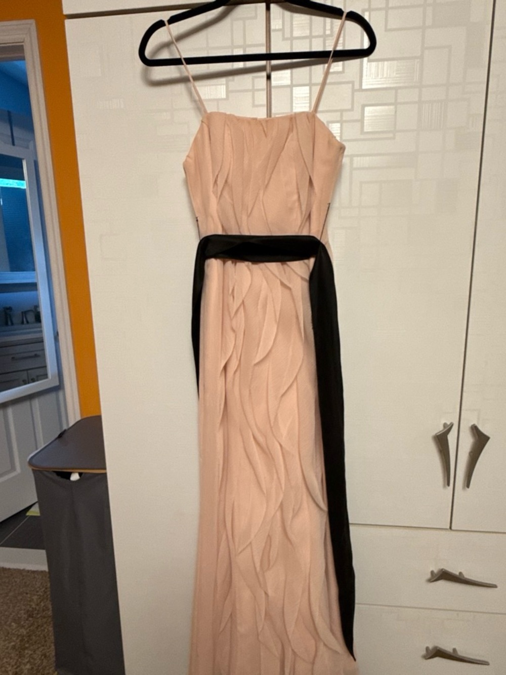 Vera Wang Blush Pink Spaghetti-Strap Gown with Black Sash